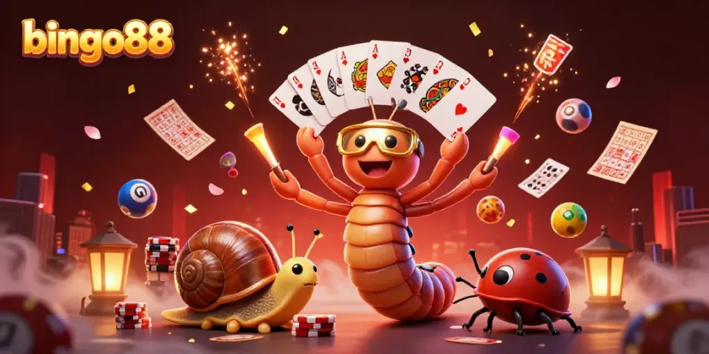 Permainan bingo88 yang seru dengan karakter dealer dan elemen keberuntungan yang cerah.