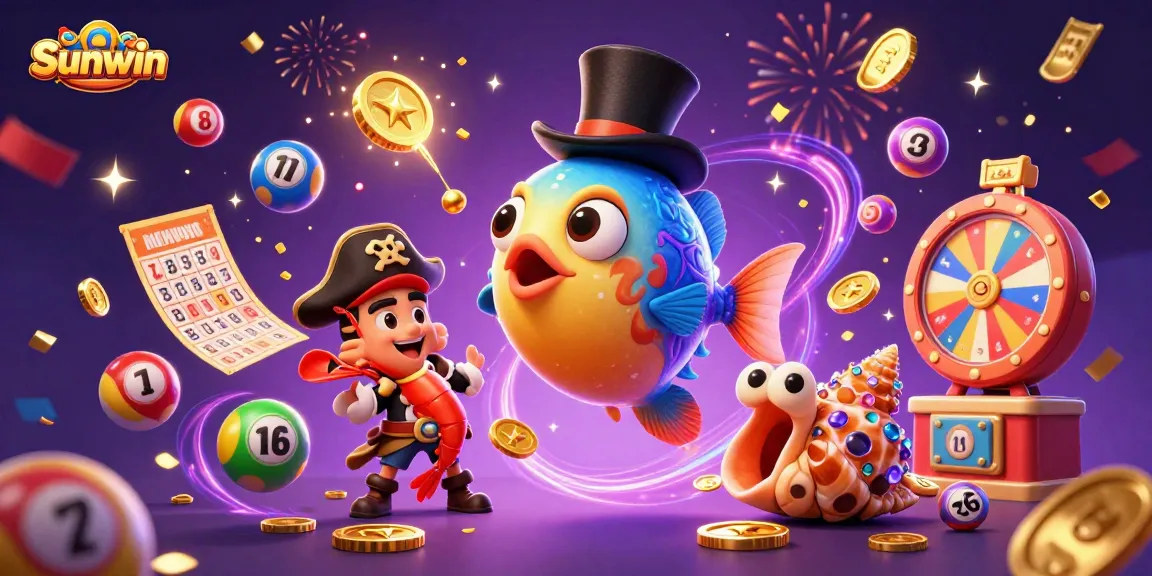 Sunwin attracts golden coins with its anglerfish characters amidst colorful lottery elements.