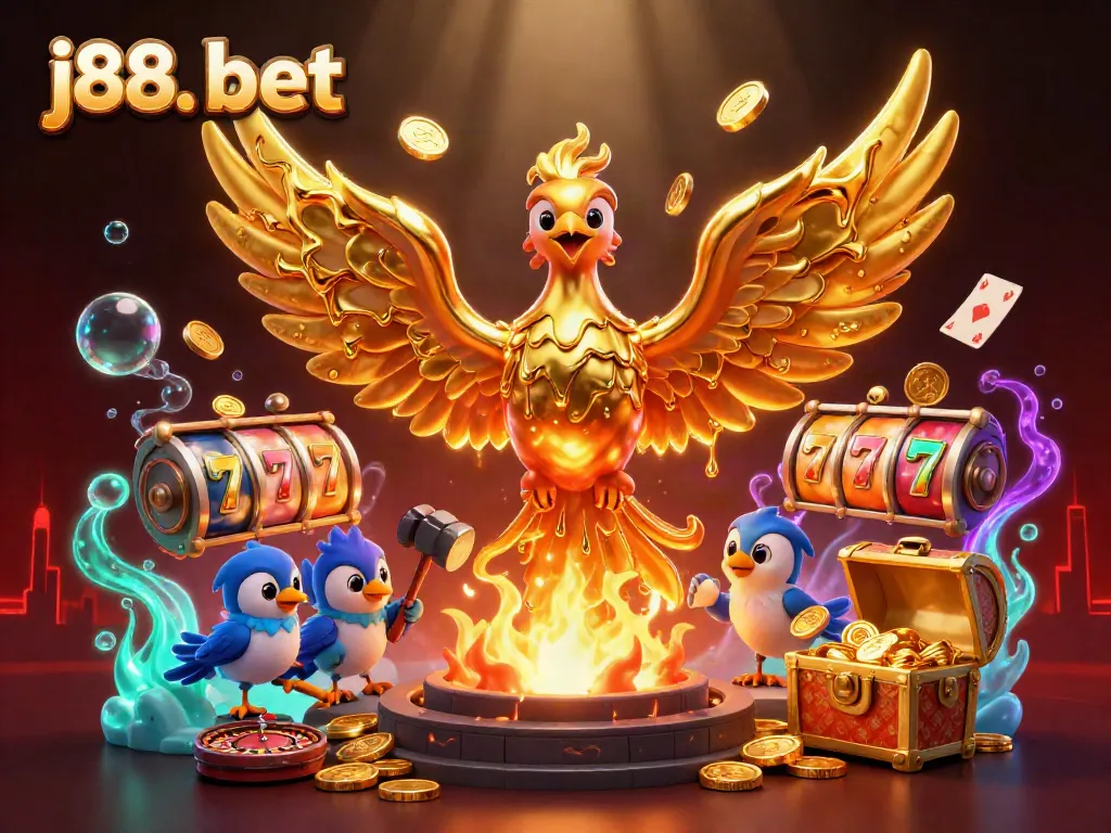 Experience the excitement of j88. bet with a dynamic scene featuring a molten golden phoenix, slot reels, and treasures.