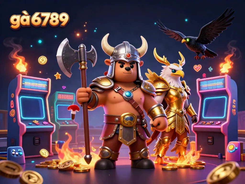 Engage in exciting battles with the gà 6789 Viking berserker bear and Valkyrie eagle in a lively casino scene.