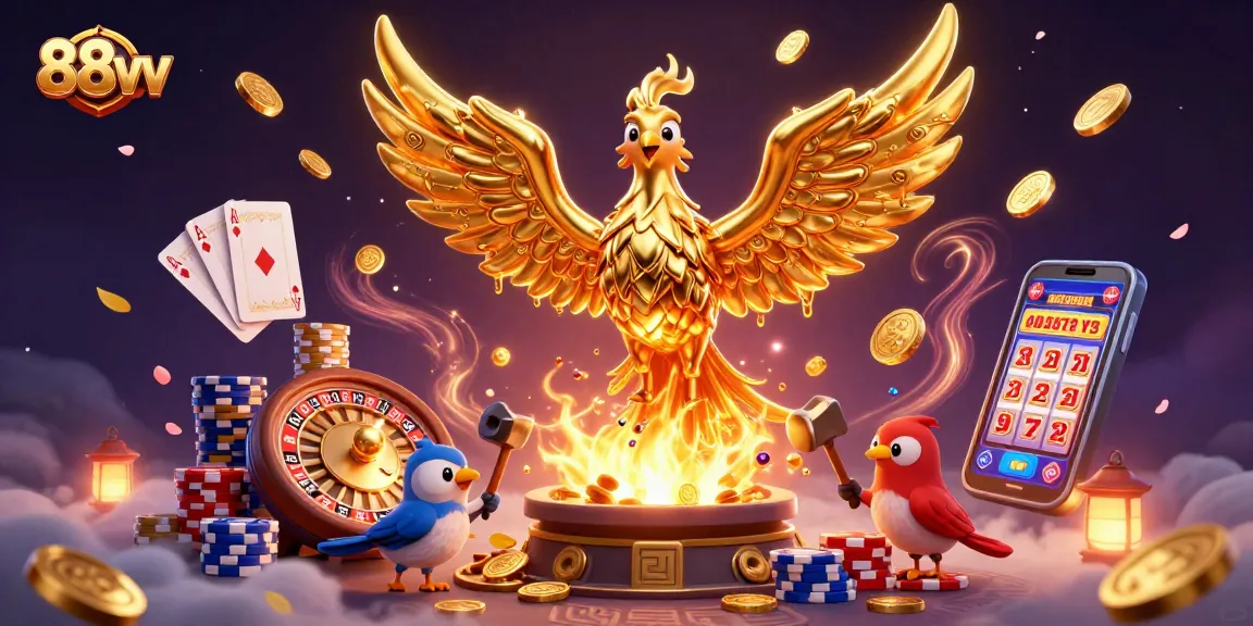 88vv showcases a golden phoenix and dynamic casino elements, capturing high stakes excitement.
