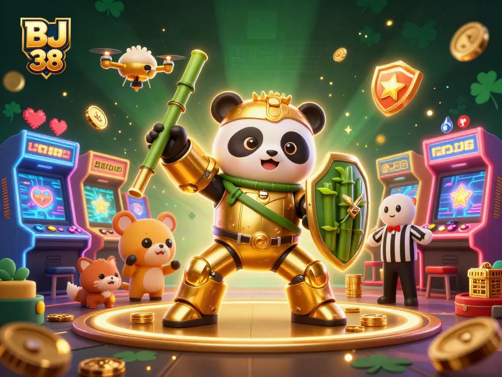 Engage with BJ 38 as a mech-suit panda battles in a colorful live casino arena.