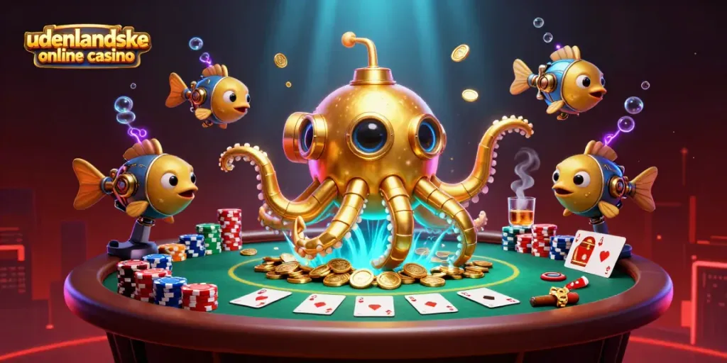 Explore udenlandske online casino action with a dynamic scene featuring a golden kraken and poker elements.
