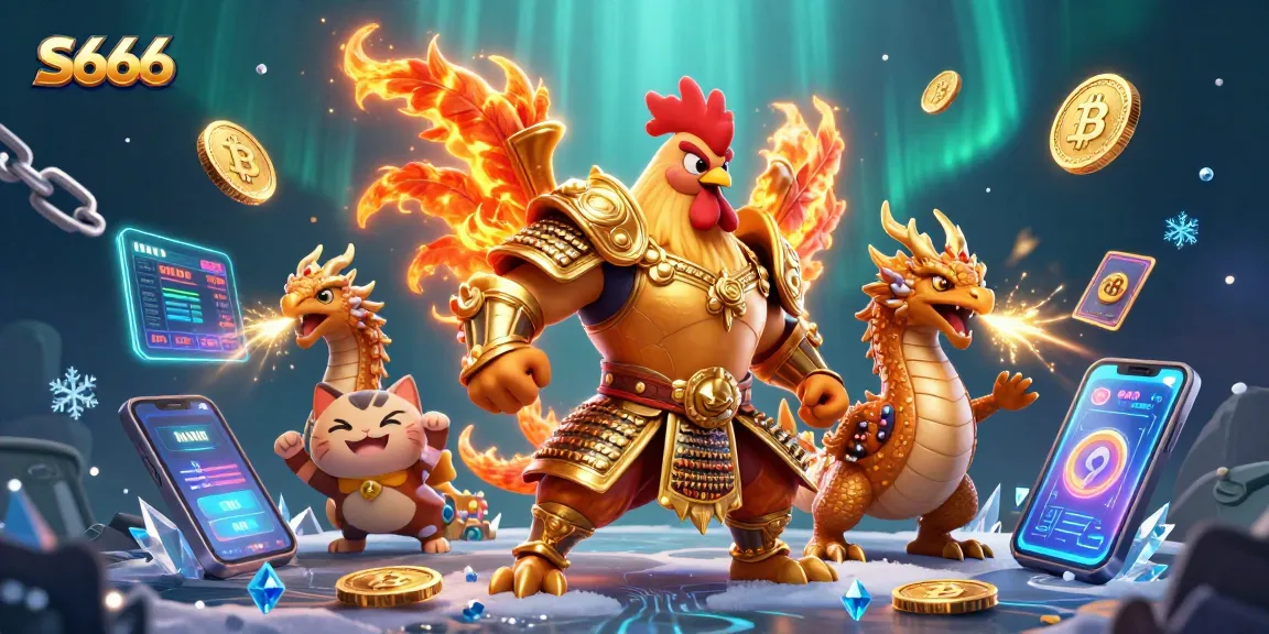 S666 showcases a vibrant casino scene with a fighting rooster warrior, dragon hatchling, and slot machine elements for exciting gameplay.