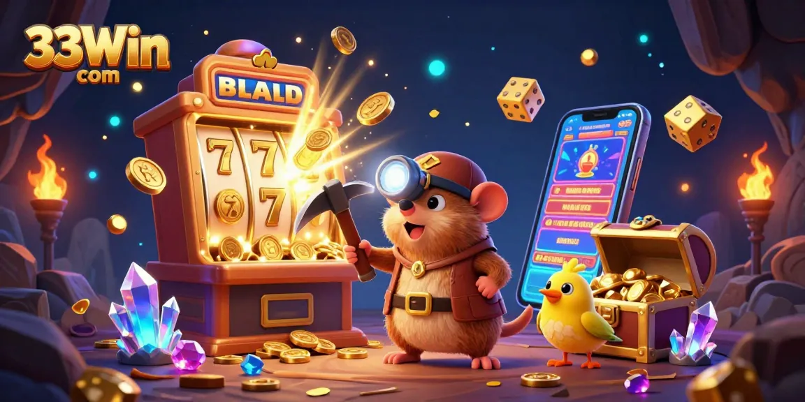 Experience excitement at 33Win com with a vibrant 3D cartoon casino scene showcasing a treasure hunter mole.