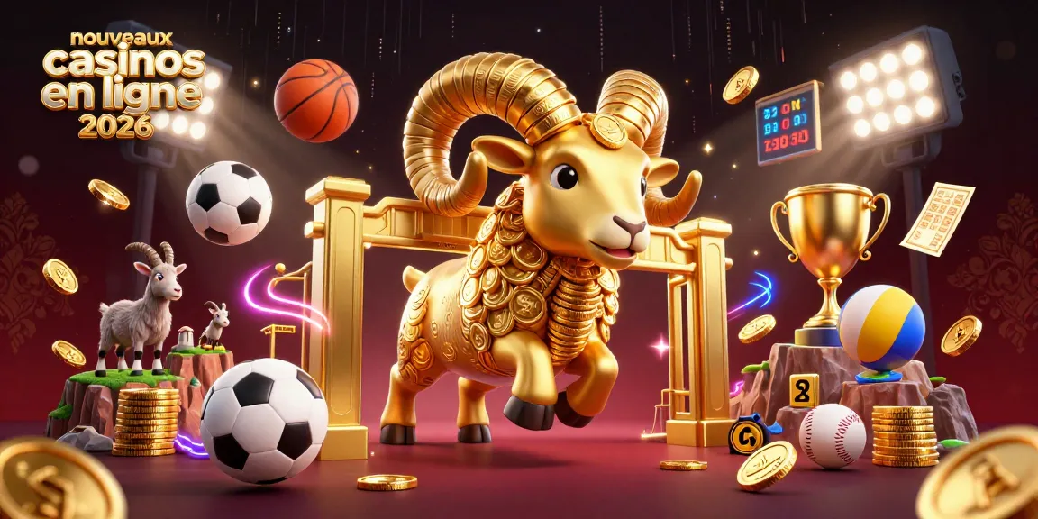 Illustration dynamique des nouveaux casinos en ligne 2026 avec un bélier doré et des éléments sportifs captivants.
