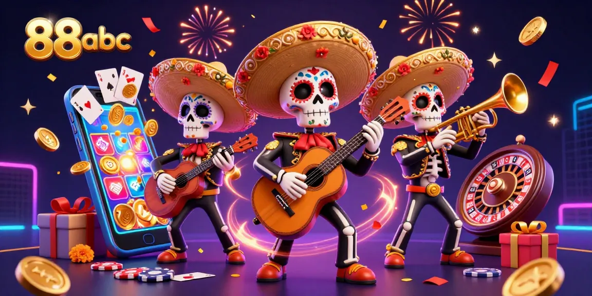 Engage with casino excitement at 88abc, featuring a vibrant Day of the Dead mariachi band celebrating with slot games and coins.