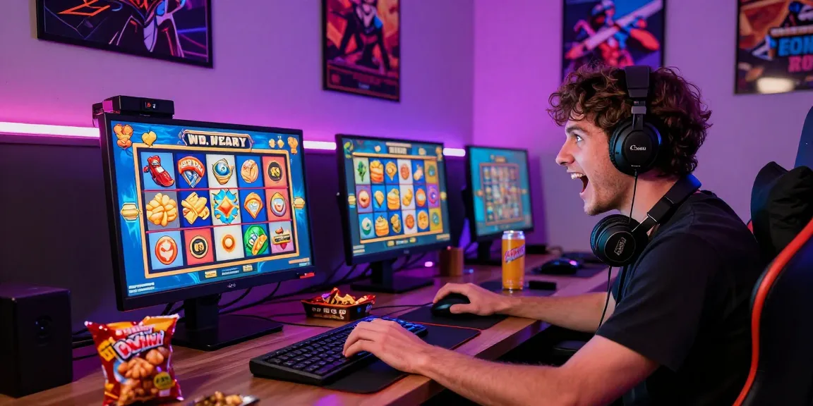 Player enjoying situs slot online in a colorful gaming environment with snacks and vibrant visuals.