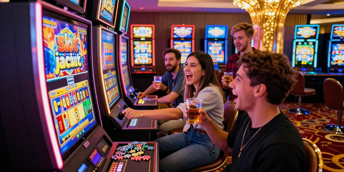 Exciting slot jackpot moment with friends celebrating win at casino.