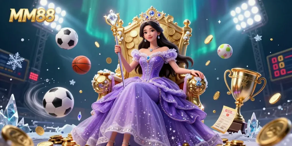 Engage in the thrilling world of MM88 casino with a regal princess amidst dynamic sports betting elements.