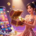 Experience the vibrant hitclub action with a treasure chest of winnings and engaging slot game elements.