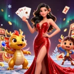 Hitclub presents an exciting casino scene with a charming Asian woman, golden dragon mascot, and dynamic slot game elements