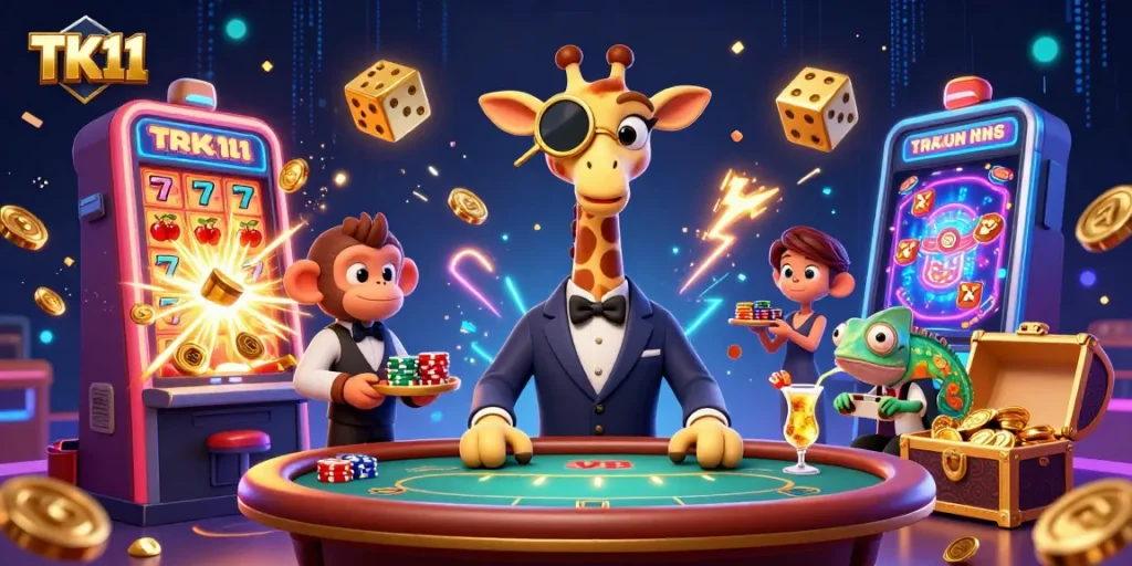 Join the action at TK11 Casino with high-roller giraffe, monkey valet, and chameleon bartender in this vibrant scene.