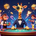 Join the action at TK11 Casino with high-roller giraffe, monkey valet, and chameleon bartender in this vibrant scene.