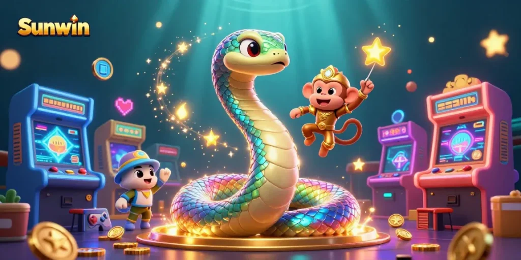 Engage with Sunwin’s colorful casino adventure featuring a lively monkey king and shimmering serpent.