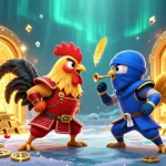 Bong88 showcases a thrilling rooster showdown in a wealth-filled casino environment.