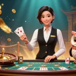 Experience the excitement of HB88 with a professional dealer at a baccarat table, surrounded by gambling elements.