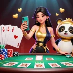 Kèo nhà cái showcases an Asian woman and a panda mascot in an exciting casino scene with vibrant poker and winning elements.