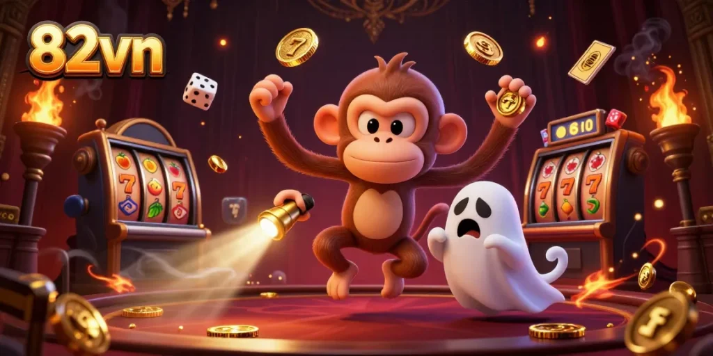 Engage with 82vn’s vibrant casino experience featuring cartoon characters in a dynamic gambling scene.
