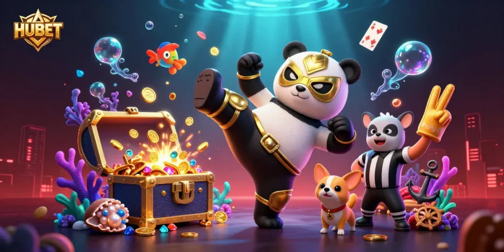 Experience HUBET's thrill with vibrant casino action from a panda and friends in an energetic digital scene.