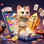 Engage with exciting games at Trang chủ 79KING, featuring a vibrant 3D scene with casino elements and a mummy cat.