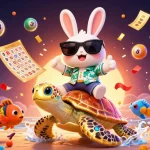 Engage with FLY 88's vibrant 3D casino scene featuring a lucky rabbit and golden turtle in an immersive gambling experience.