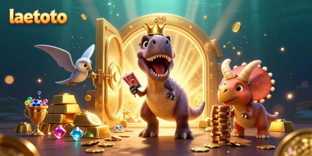 Engage with laetoto's slot gameplay featuring a T-Rex shuffling reels amidst treasure.