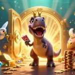 Engage with laetoto's slot gameplay featuring a T-Rex shuffling reels amidst treasure.