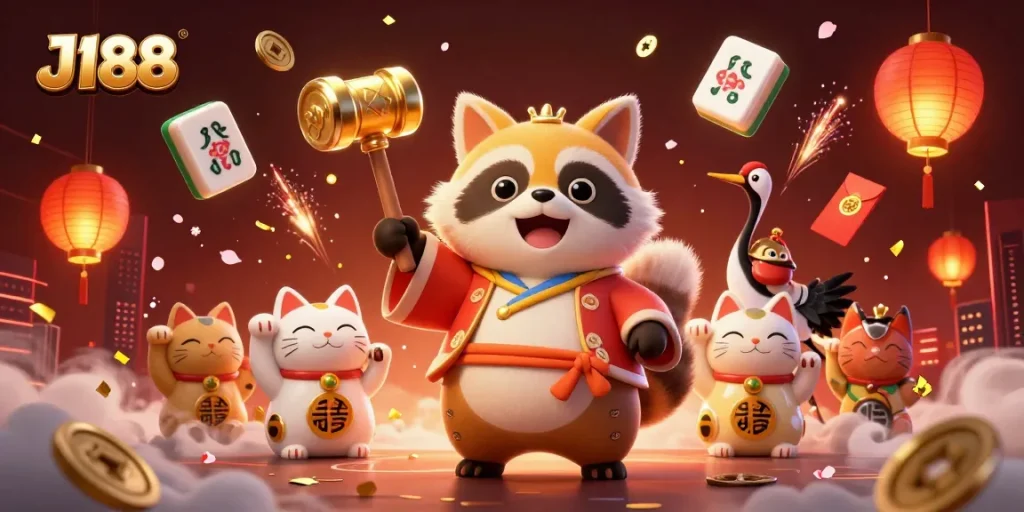 Experience exciting gaming with J188 amidst colorful characters and vibrant casino elements