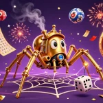 Engage in thrilling games at HT368, featuring a dynamic steampunk scene with golden spiders and colorful lottery elements.