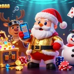 Spin to win with keonhacaibet888 as Santa, a reindeer, and a snowman celebrate jackpots in a vibrant digital casino.