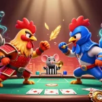 Engage in intense gameplay at 88aa with fighting roosters in dramatic poker showdown.