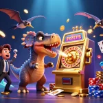 ht368 wins big with a robot dinosaur at the slot machine, capturing chaos and excitement in the casino.