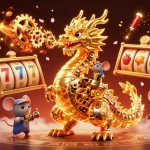 89BET showcases a golden dragon amidst vibrant slot game symbols, symbolizing excitement and wins.