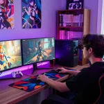 Engaging scene of a gamer playing hentai games in a cozy gaming room.