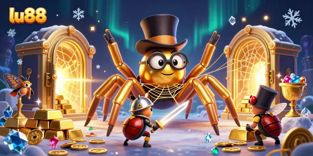 Experience the excitement of lu88 as a golden tarantula weaves magic in a vibrant casino scene