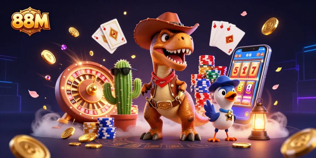 88M features a cartoon T-Rex cowboy surrounded by casino elements showcasing thrilling gaming.