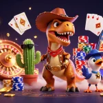 88M features a cartoon T-Rex cowboy surrounded by casino elements showcasing thrilling gaming.