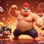 Bet on m88 and witness powerful characters celebrating with gaming elements in a vibrant casino scene.