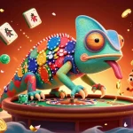 RR88 showcases a vibrant casino scene with a chameleon owner amidst dynamic gaming elements.