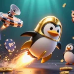 LLWIN showcases a golden penguin and poker chip spaceship in a vibrant casino universe.