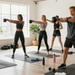 Engaged fitness enthusiasts using Astera Shop products in a modern home gym.