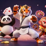 S8's engaging cartoon scene of kung fu characters at a vibrant casino with slot games and gold coins.