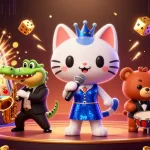 Illustrazione di miglior bookmaker non aams con personaggi animati in scena, slot machine esplodente e atmosfera festiva.
