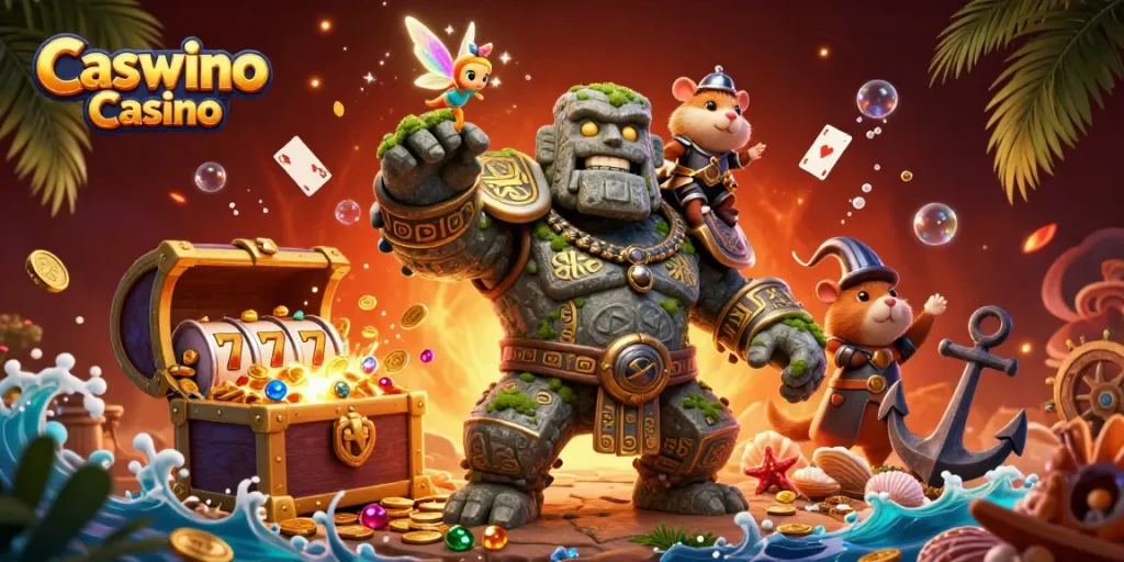 Experience the excitement of Caswino Casino with magical characters and vibrant casino elements.