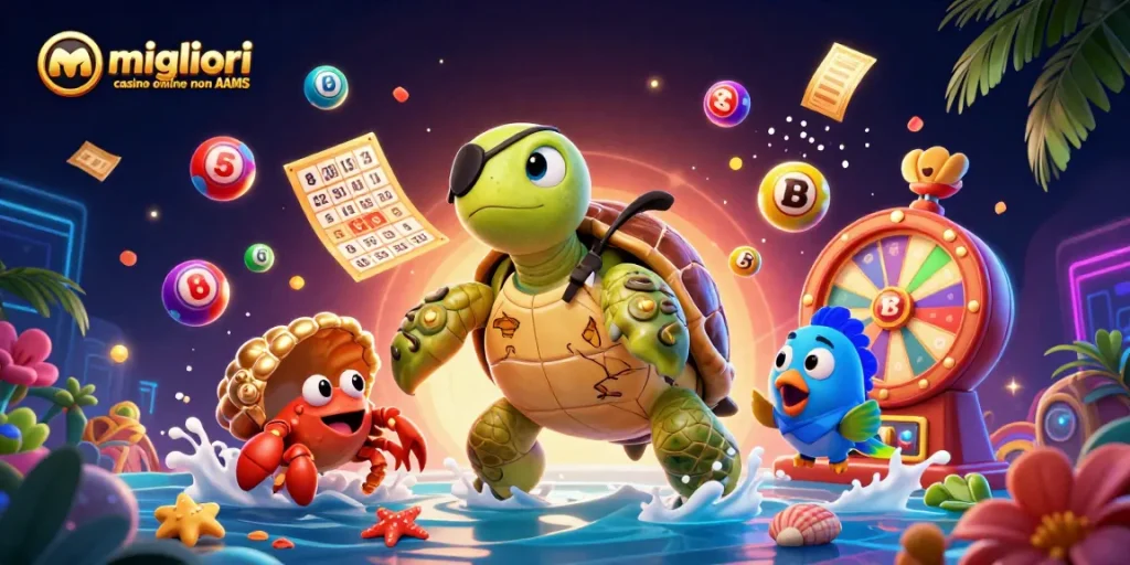 Scopri i migliori casino online non AAMS con questa vivace illustrazione 3D di una tartaruga pirata e tesori.