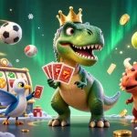 Illustration ludique représentant casino en ligne argent réel, avec un T-Rex jouant aux cartes entouré d'éléments de jeu.