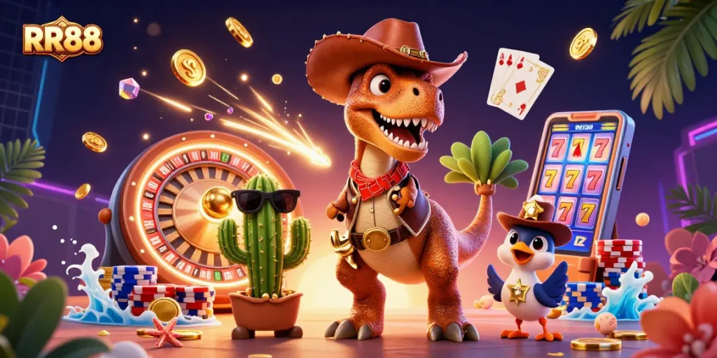 Cascade shimmering coins and vibrant gaming elements celebrating RR88, a leading online casino.
