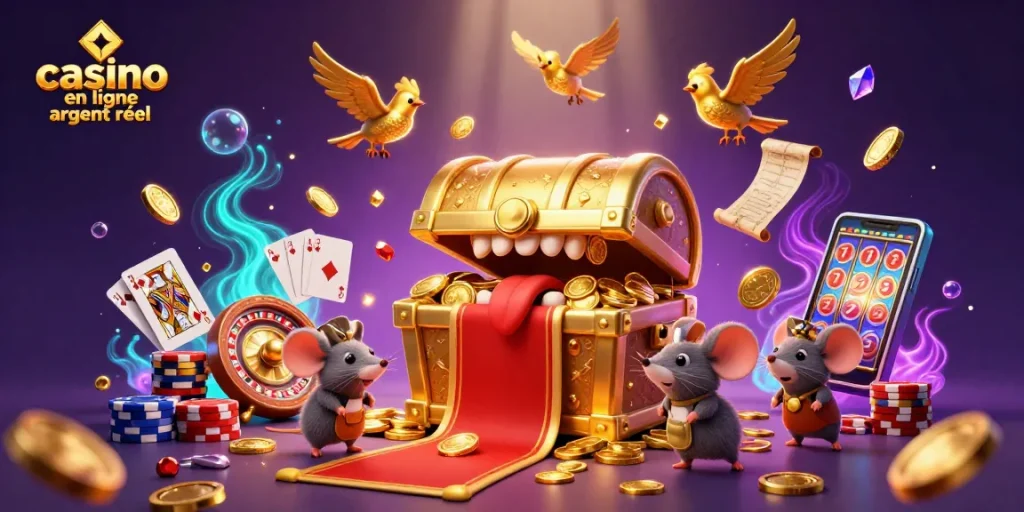 Jouez dans un casino en ligne argent réel avec cette illustration captivante montrant un coffre au trésor et des éléments de jeu.