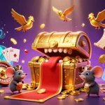 Jouez dans un casino en ligne argent réel avec cette illustration captivante montrant un coffre au trésor et des éléments de jeu.
